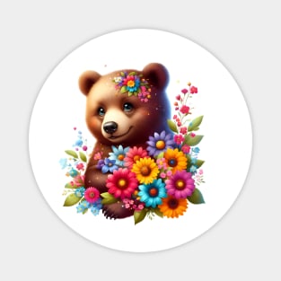 A brown bear decorated with beautiful colorful flowers. Magnet